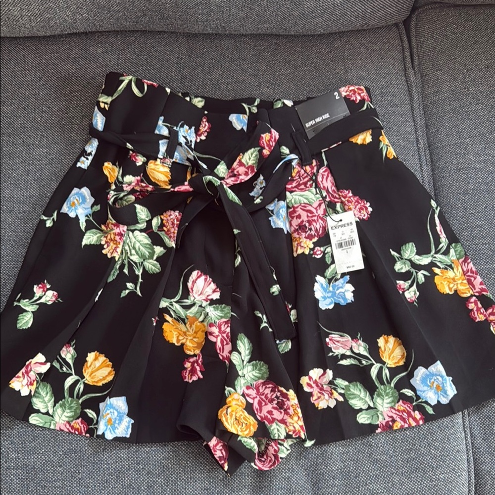 Floral Black Shorts with Tie Waist